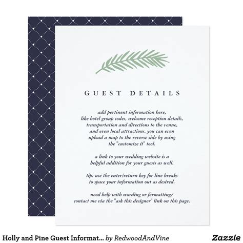 How is the salutation written in a personal business letter? Holly and Pine Guest Information Enclosure Card | Zazzle ...