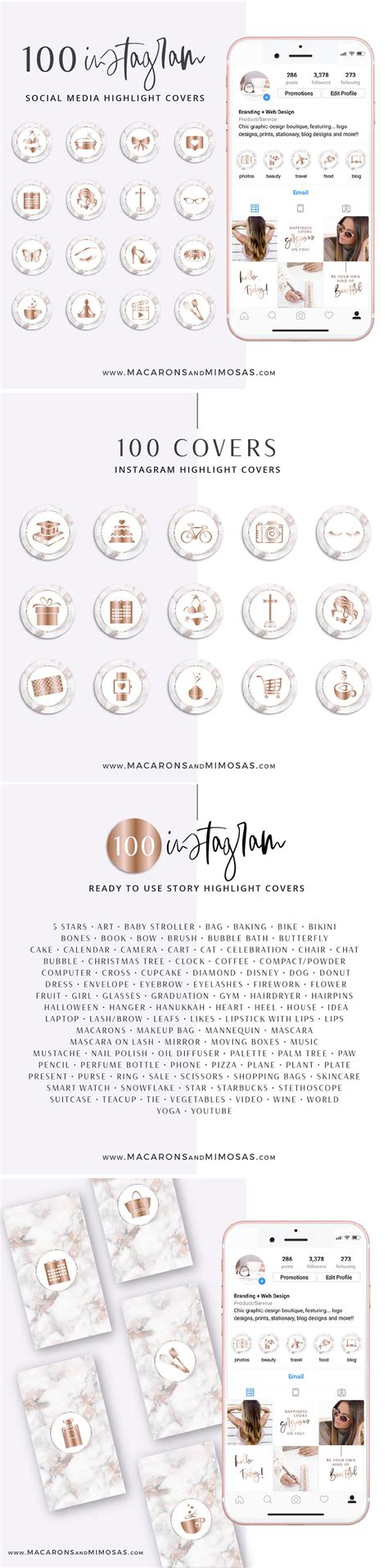Instagram highlight covers make a great first impression. Rose Gold Marble Highlight Covers • Macarons and Mimosas