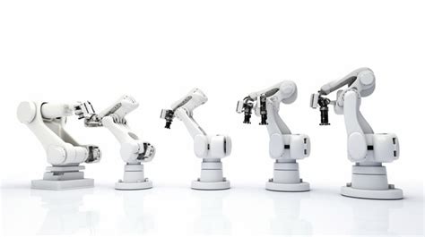 격리된 흰색 로봇 팔 흰색 배경에 다양한 산업용 로봇의 3d 렌더링 기계 팔 로봇 팔 산업용 로봇 배경 일러스트 및 사진