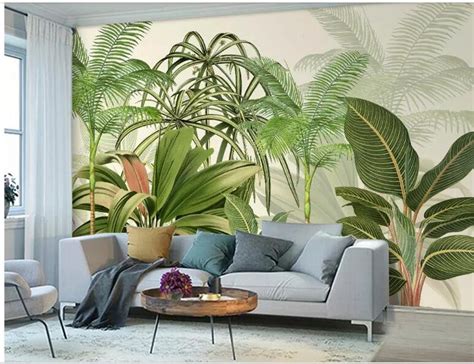 Hand Painted Tropical Plants Wallpaper Wall Mural Green Etsy