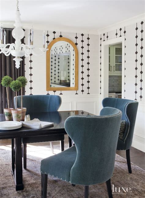 Transitional White Dining Room With Arched Mirror Luxe Interiors Design
