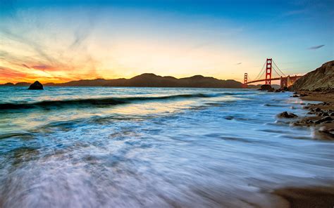 Golden Gate Bridge Bridge San Francisco Beach Ocean Sunset Hd Wallpaper