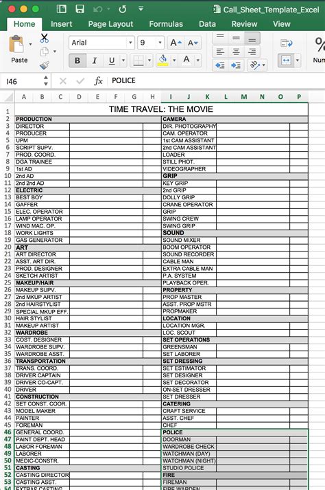 call sheet template  excel