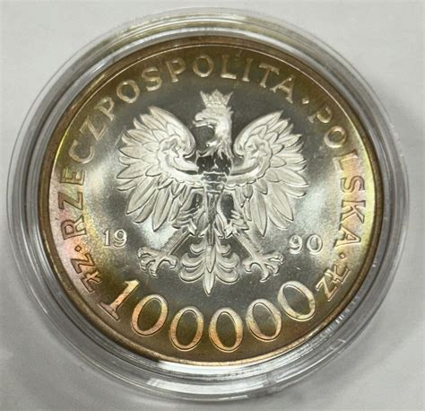 1990 Poland 100000 Zlotych Coin 999 Fine Silver 10th Anniversary