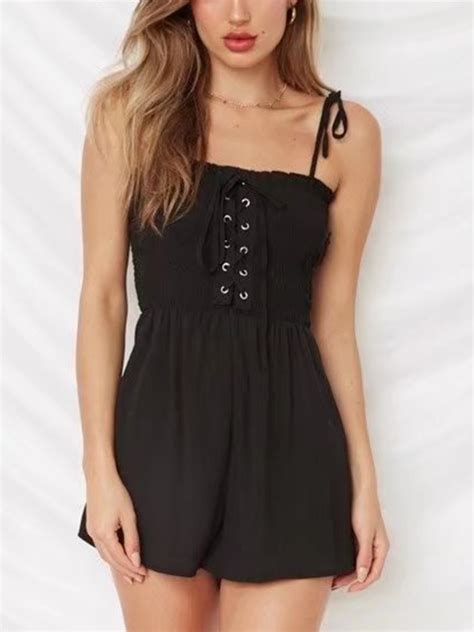 Black Spaghetti Strap Stretch Lace Up Front Romper Playsuit Choies