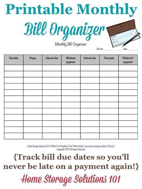 Free Printable Monthly Bill Organizer To Help You Track When Your Bills