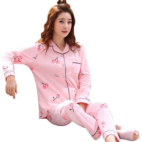 Cherry Rabbit Print Pajama Set Lapel Long Sleeve Women Two Pieces Sleepwear Newpajama Sets