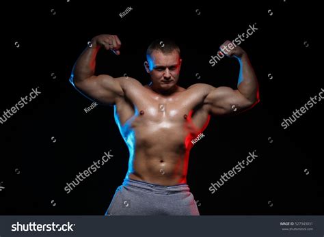 Male Bodybuilder Athlete Naked Torso Posing Foto Stok
