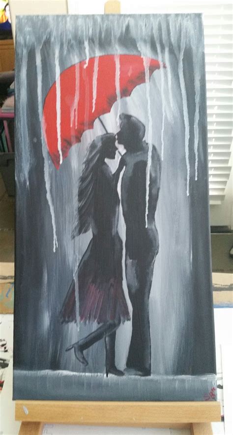 Hand Painted Wood Framed Canvas Couple Under A Red Umbrella In The Rain Canvas Frame Hand