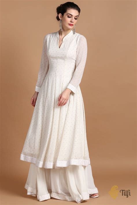 Off White Pure Khaddi Georgette Handwoven Banarasi Anarkali Set Stylish Dress Book Designer