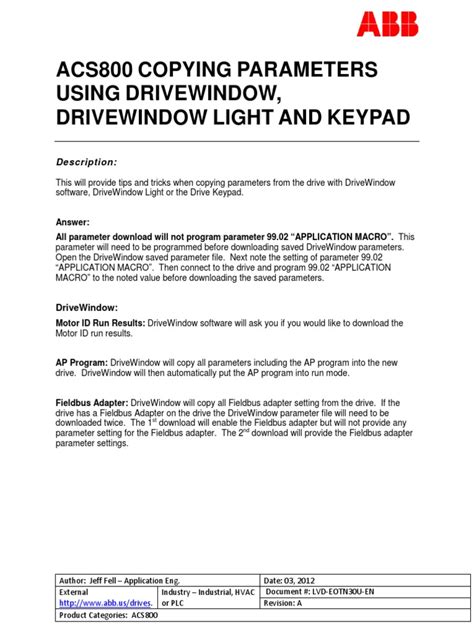 Acs800 Copying Parameters Using Drivewindow Drivewindow Light And Keypad Pdf Download
