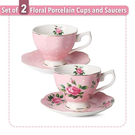 BTäT Floral Tea Cups and Saucers Set of 2 Pink 8 oz with Gold