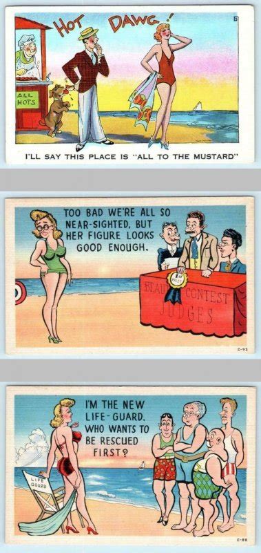 3 Postcards Risque Comics Beach Scenes Bathing Beauties Ca 1940s Linens Topics Cartoons