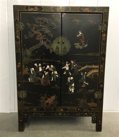 Antique Chinese Chinoiserie Cabinet Hardstone Figures Chinoiserie