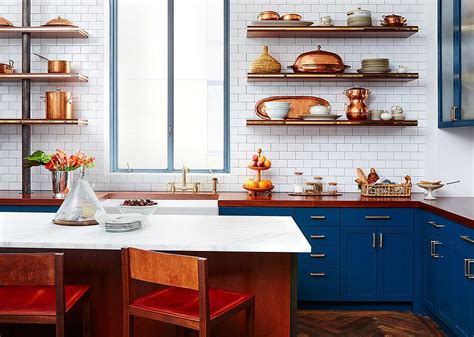 Transitional Kitchen With Blue Cabinets And A Copper Glint Design Bk