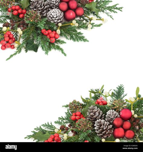 Christmas Background Border With Red Bauble Decorations Holly Ivy
