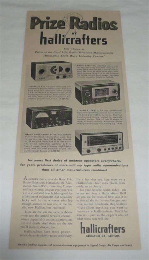 1953 Prize Radios By Hallicrafters Ad Model S 38c 53 A 77a Sx 62