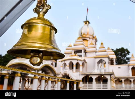 Ring Bells In Temple Golden Metal Bell Isolated Big Brass Buddhist