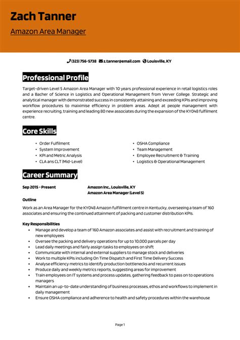 Amazon Area Manager Resume Example Guide Get A Top Job