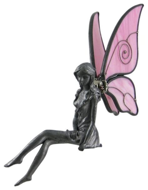 Fairy Shelf Sitter Figurine Pink Stained Glass Wings Contemporary Decorative Objects And