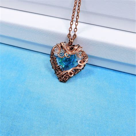 Artistic Blue Heart Necklace Unique Artisan Crafted Woven Wire Wrapped