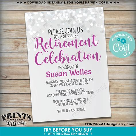 retirement party invitation retirement celebration invite retire custom printable 5x7 glitter