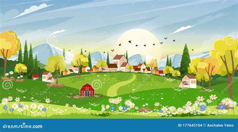 Spring Landscape In Sunny Day Village With Meadow On Hills With Blue