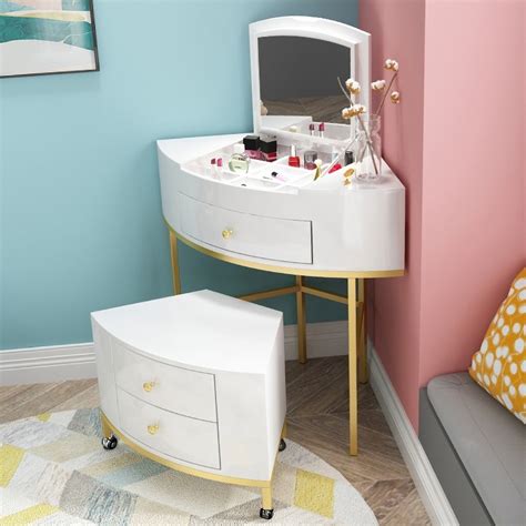 Blue Corner Makeup Vanity Table With Flip Top Mirror And Drawers And Stool
