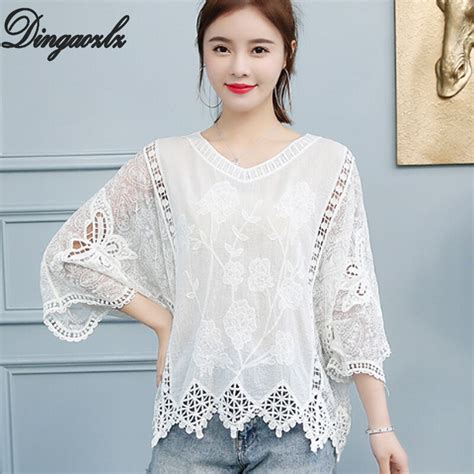 dingaozlz new hollowed out lace pullovers tops flare sleeve white blouse summer loose women