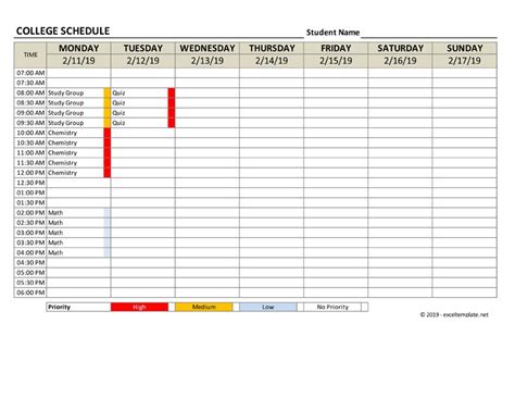 College Schedule Template » ExcelTemplate.net