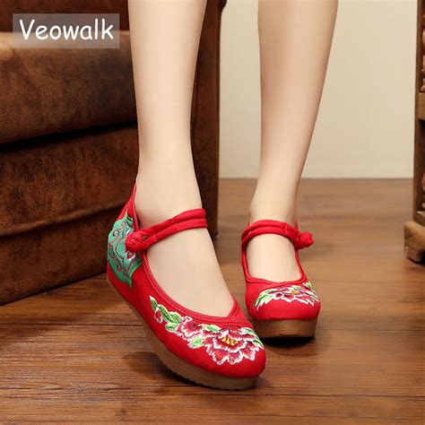 Veowalk Mary Jane Women Canvas Shoes Ladies Flower Cotton Embroidered Cloth Costume Flat