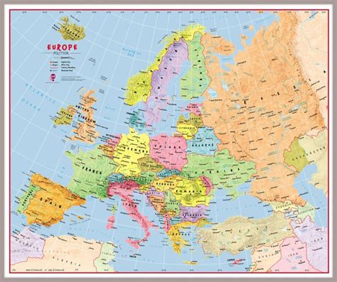 Huge Primary Europe Wall Map Political Pinboard And Framed Silver