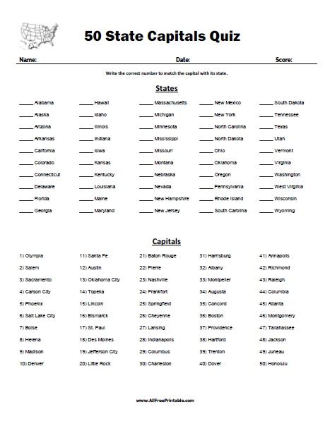 50 State Capitals Quiz Free Printable