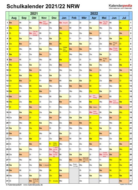 Egal, ob sie ins neue jahr starten oder sich nach einer anstrengenden woche entspannen möchten, leere kalender sind perfekt. Schulkalender 2021/2022 NRW für Excel