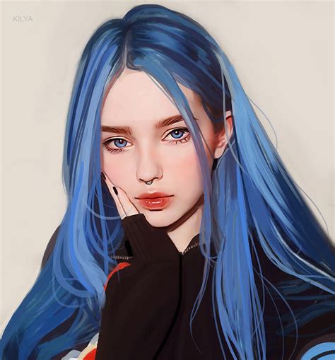 Anime Blue Hair Anime Hair Digital Art Girl Digital Portrait Cool Anime Girl Anime Art Girl