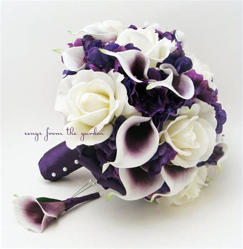 bridal bouquet real touch picasso callas white roses and purple hydrangea with groom s boutonniere