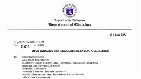 Brigada Eskwela Implementing Guidelines Deped Memo 62 S 2022