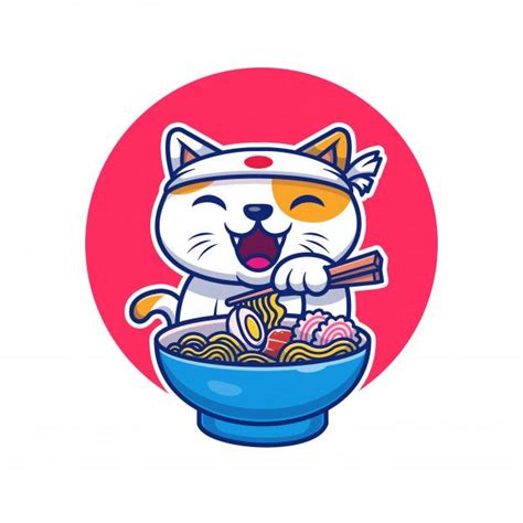 Cat Eating Ramen Noodle Icon Illustration Cat Logo Mascot Cartoon