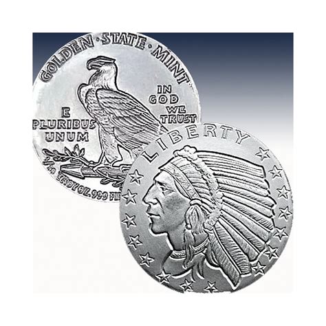 1 X 110 Oz Silver Round Golden State Mint Incuse Indian Bu