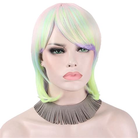 Synthetic Wigs For Women Cosplay Anime Hairs With Bangs Ombre Colorful Pink Yellow Multicolored