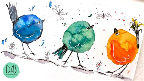How To Paint Watercolor Birds More Cute Quick And Colorful Whimsical Birds Tutorial For