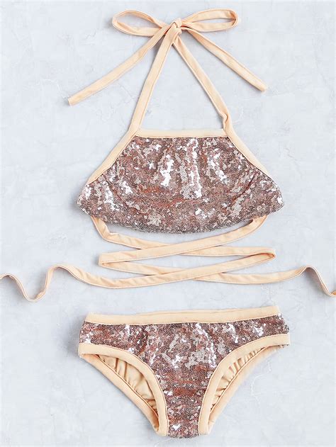 Sequin Detail Strappy Bikini Set Shein Sheinside