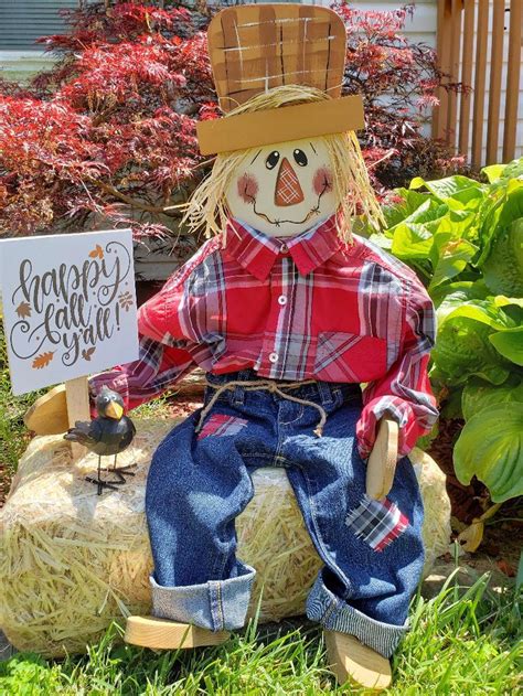 Sitting Scarecrow Wooden Scarecrow Porch Sitter Fall Etsy Fall Yard