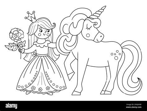 Fairy Tale Black And White Vector Princess With Unicorn And Rose