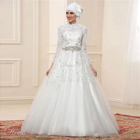 2016 Long Sleeves Muslim Wedding Dresses Hijab High Neck White Bridal