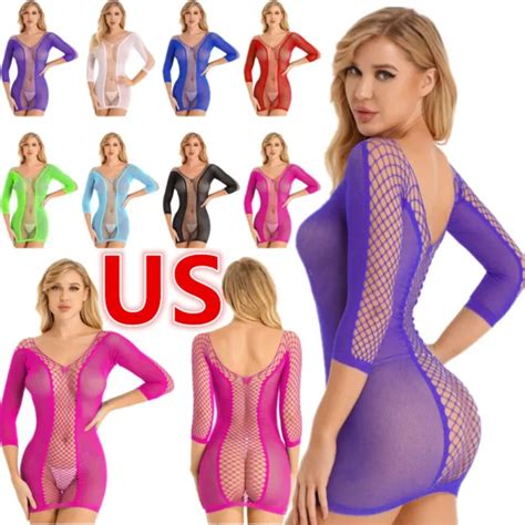 US WOMEN BODYCON Mini Dress See Through Sexy Babydoll Fishnet Lingerie