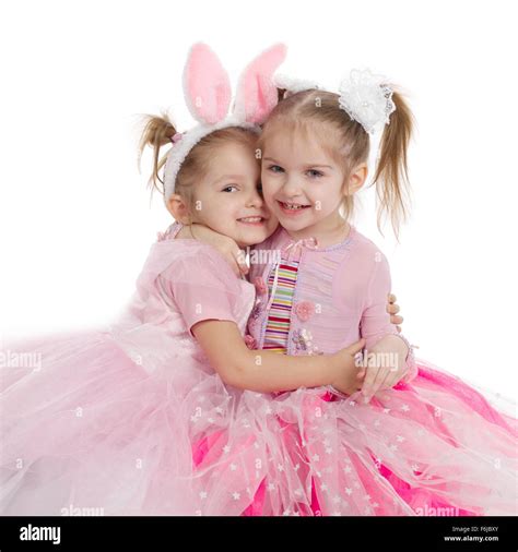 Two Little Girls Best Friends On White Stock Photo Alamy