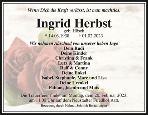 Traueranzeigen Von Ingrid Herbst Geb Hösch Abschied Nehmende