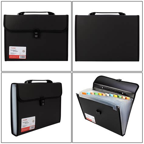 Tranbo Plastic File Folder With 13 Pockets Handle Index Tab A4 Size Black