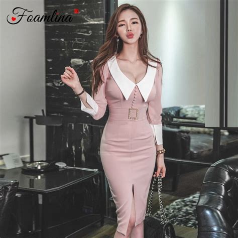 Buy Foamlina Elegant Womens Korean Fashion Ol Bodycon Dress Color Match Sexy V